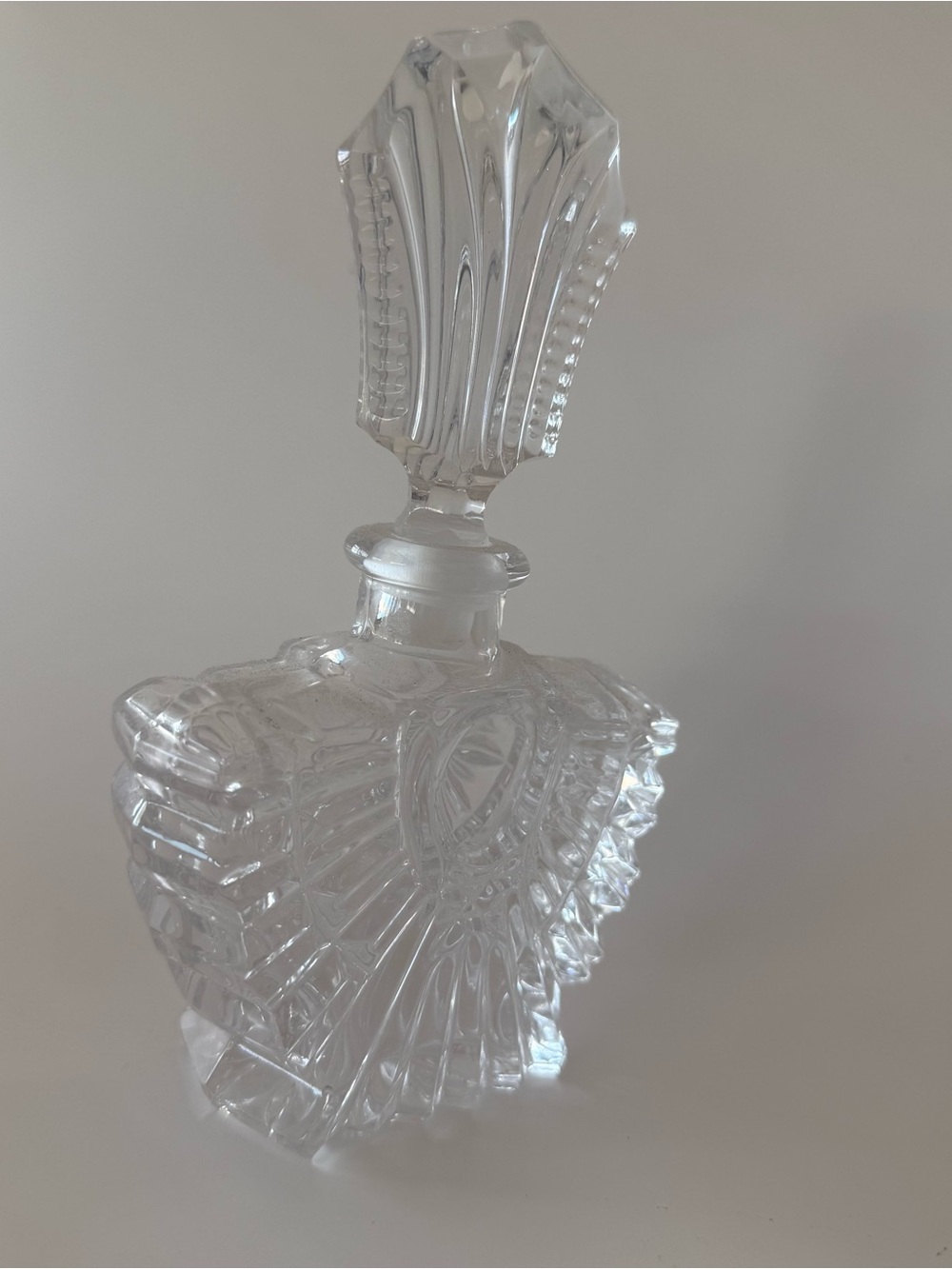 Vintage Art Deco Pressed Glass Clear Perfume Bottle With Fan Style Stopper - Picture 14 of 14